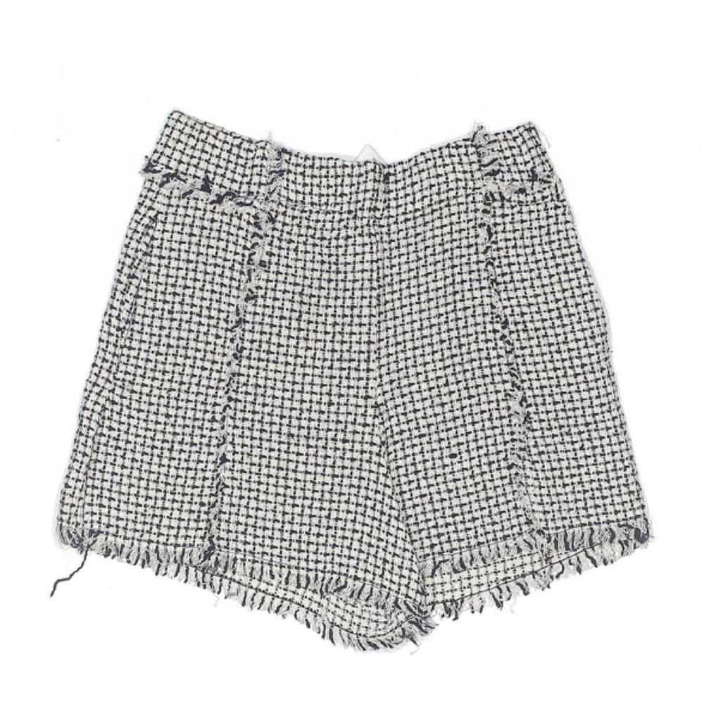 Zara Black White Checkered Tweed Frayed Hem Shorts XS Preppy Twee Retro